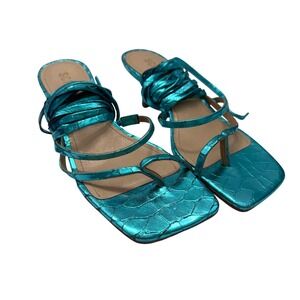Schutz Lily‎ Mid Wrap Around Ankle Strap Heeled Sandals Size 5.5 Blue Metallic